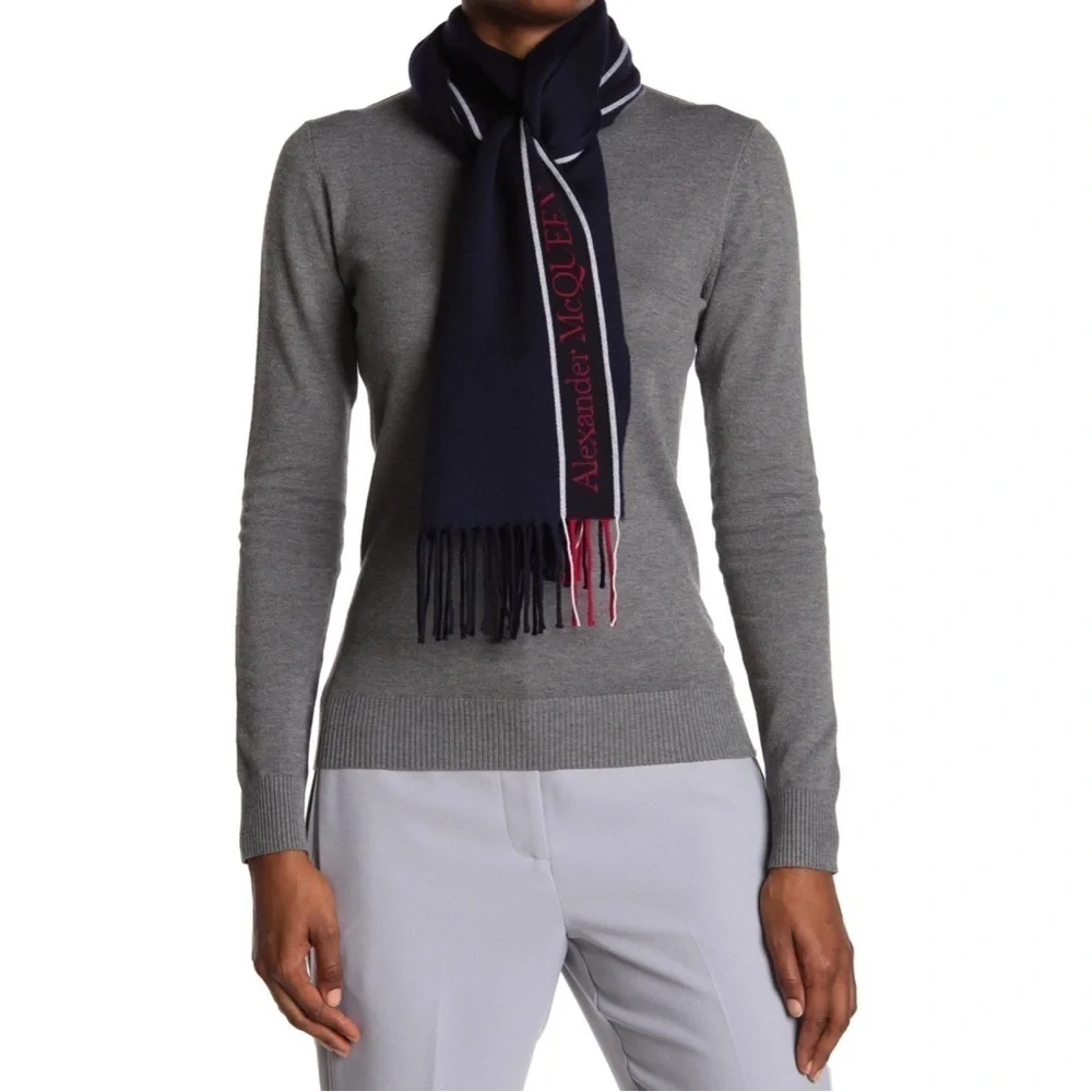 Alexander Mcqueen Navy Blue Selvedge Fringe Wool/Cashmere Unisex Scarf NWT $420